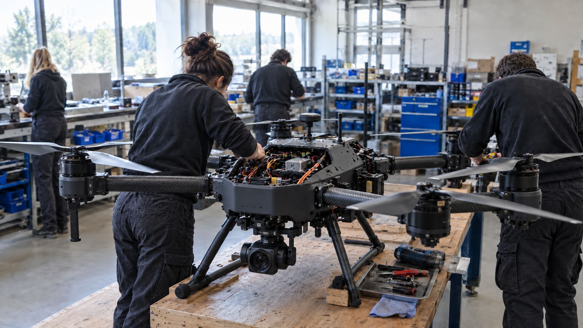 The Kepel team at work in the workshop, candid, natural light, aircraft on the bench