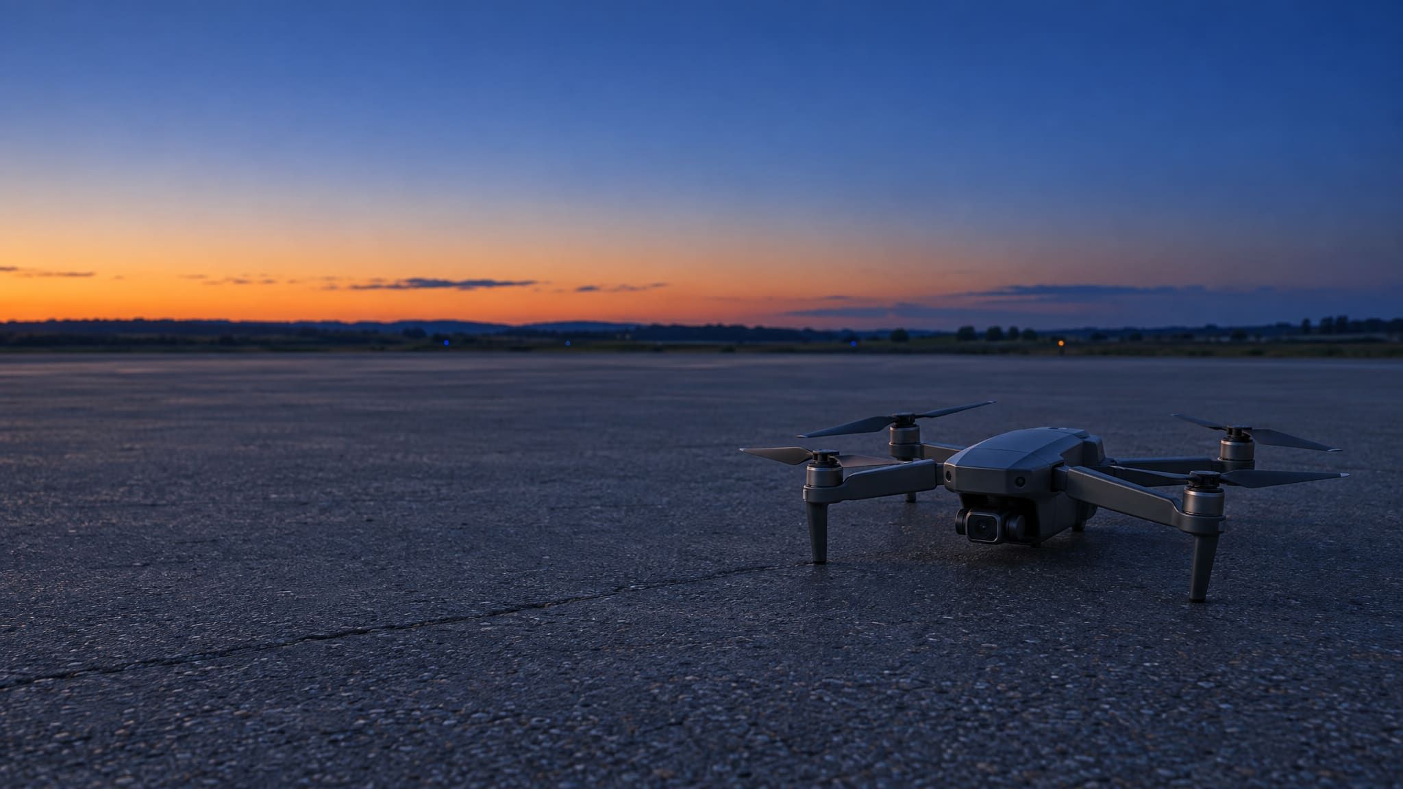 An aircraft on a quiet airfield at blue hour, lots of calm space on the left