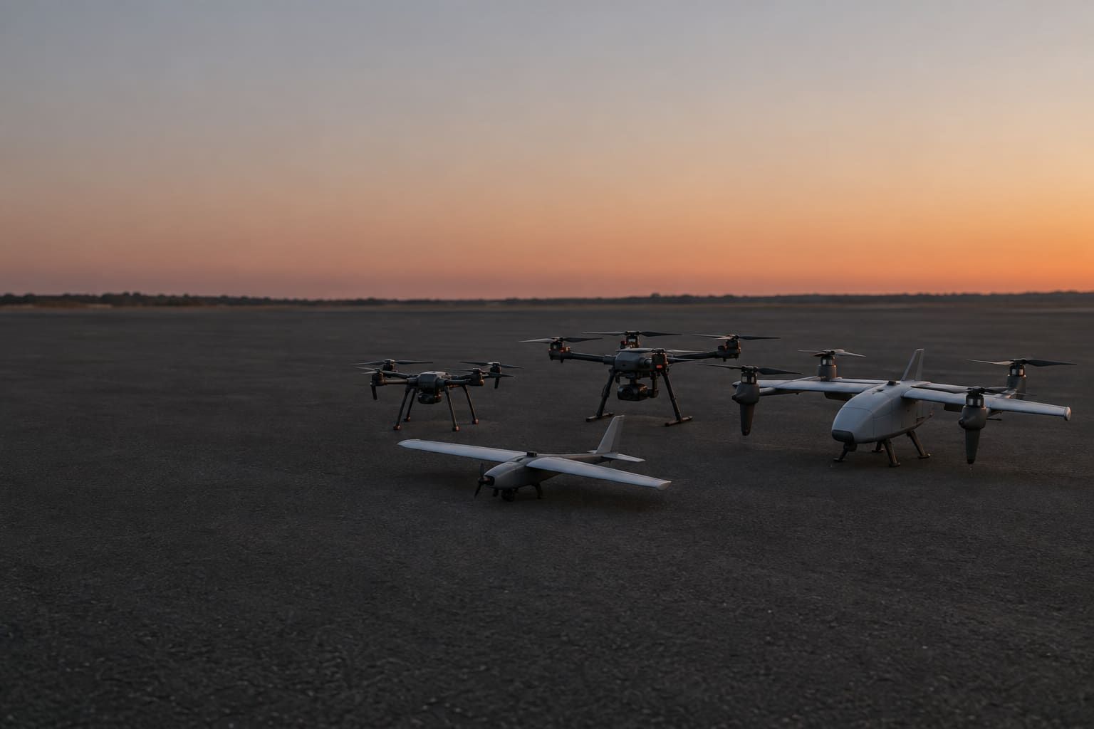 The fleet lined up on a dark apron at dusk, several aircraft in one frame, calm space on the left and bottom