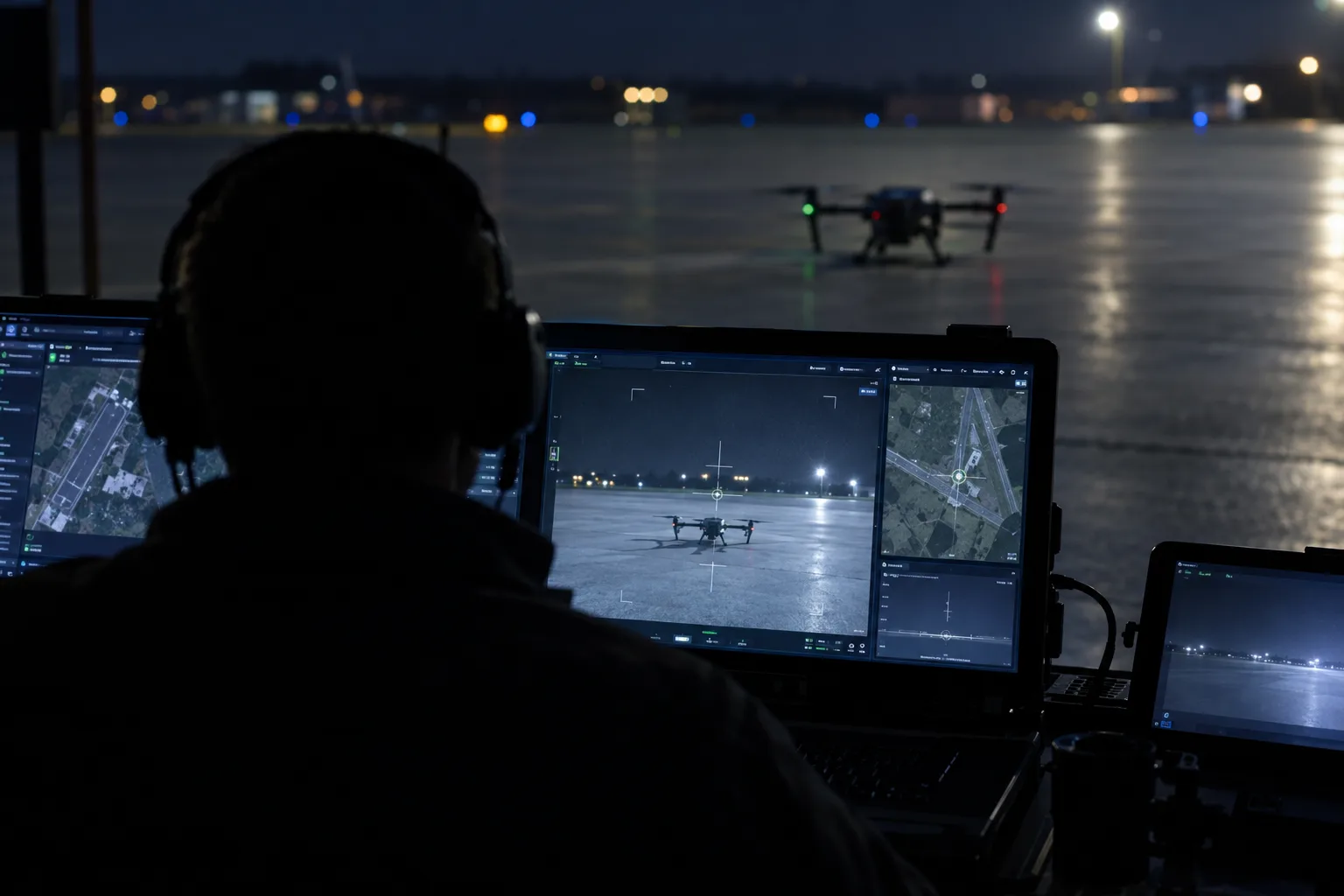 An operator at a ground control station at night, screen glow on the face, aircraft blurred behind