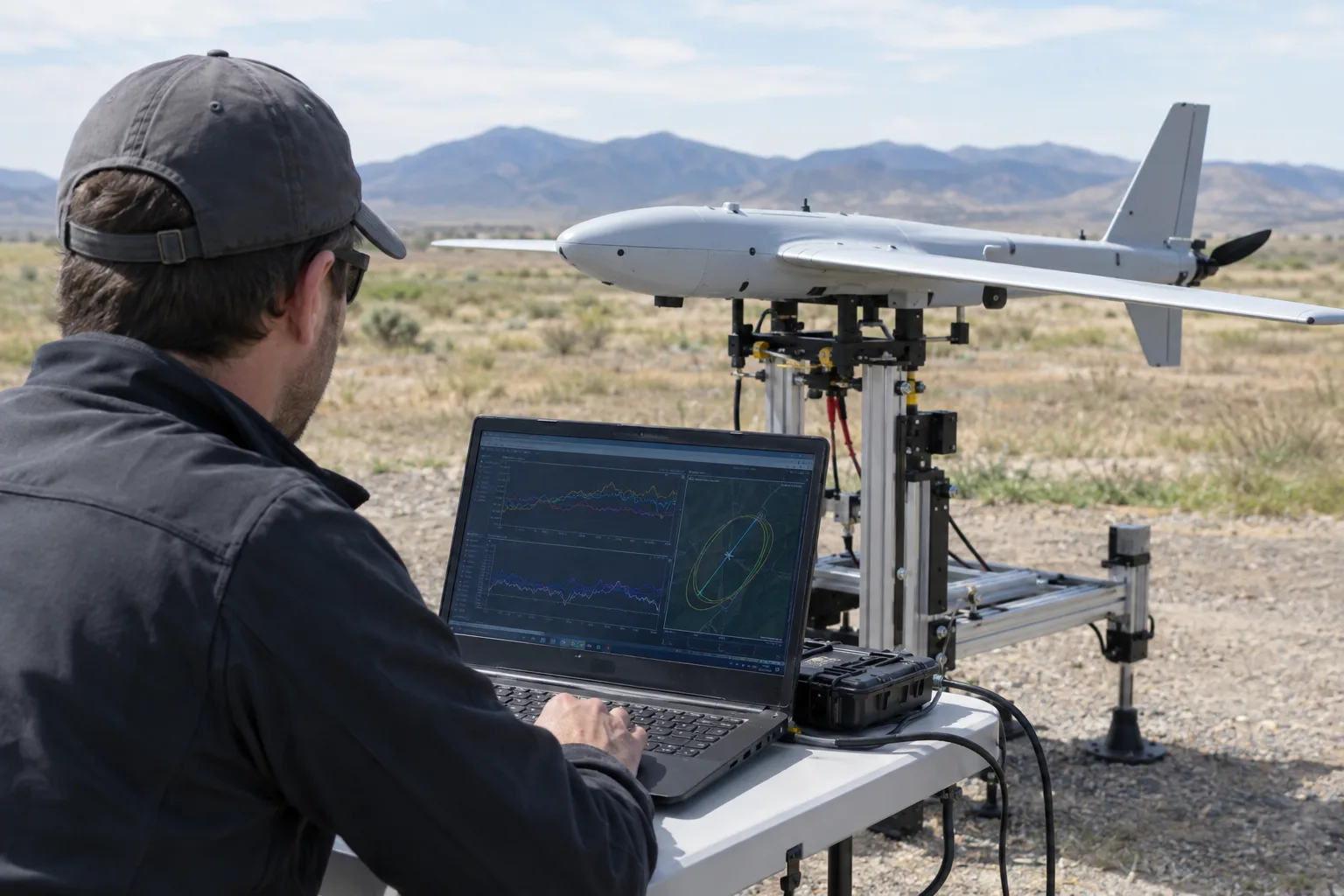 An engineer reviewing flight test data on a laptop beside an aircraft on a test stand